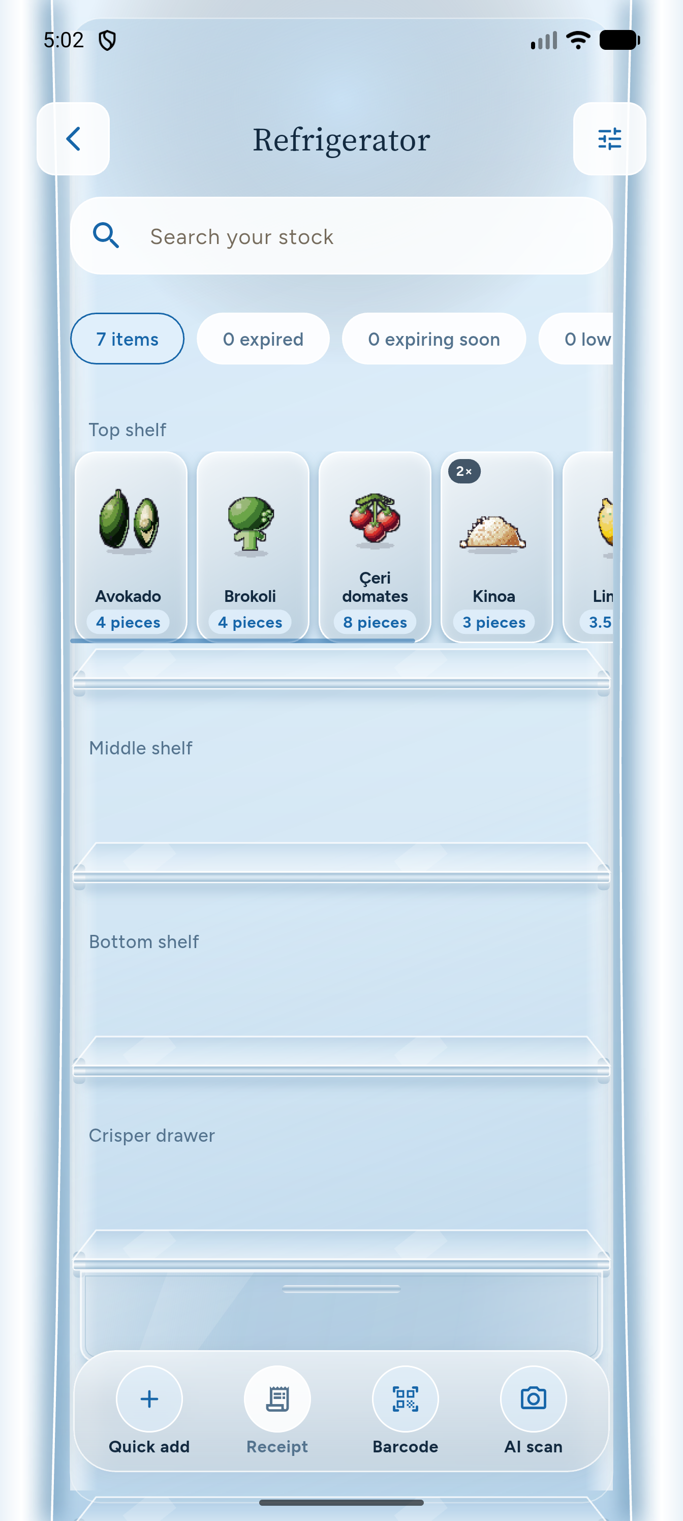 Lokmia refrigerator showing ingredients organized on shelves